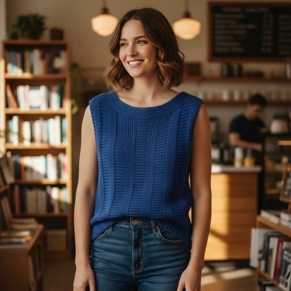 Hand Made Blue Sweater Vest with Bateau Neck Size S/M